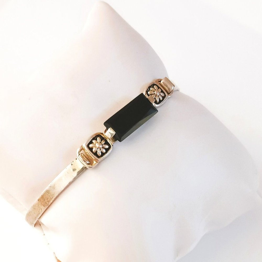 JEC 925 Black Stone Tension Bracelet 7" Sterling Silver Bangle Jewelry
